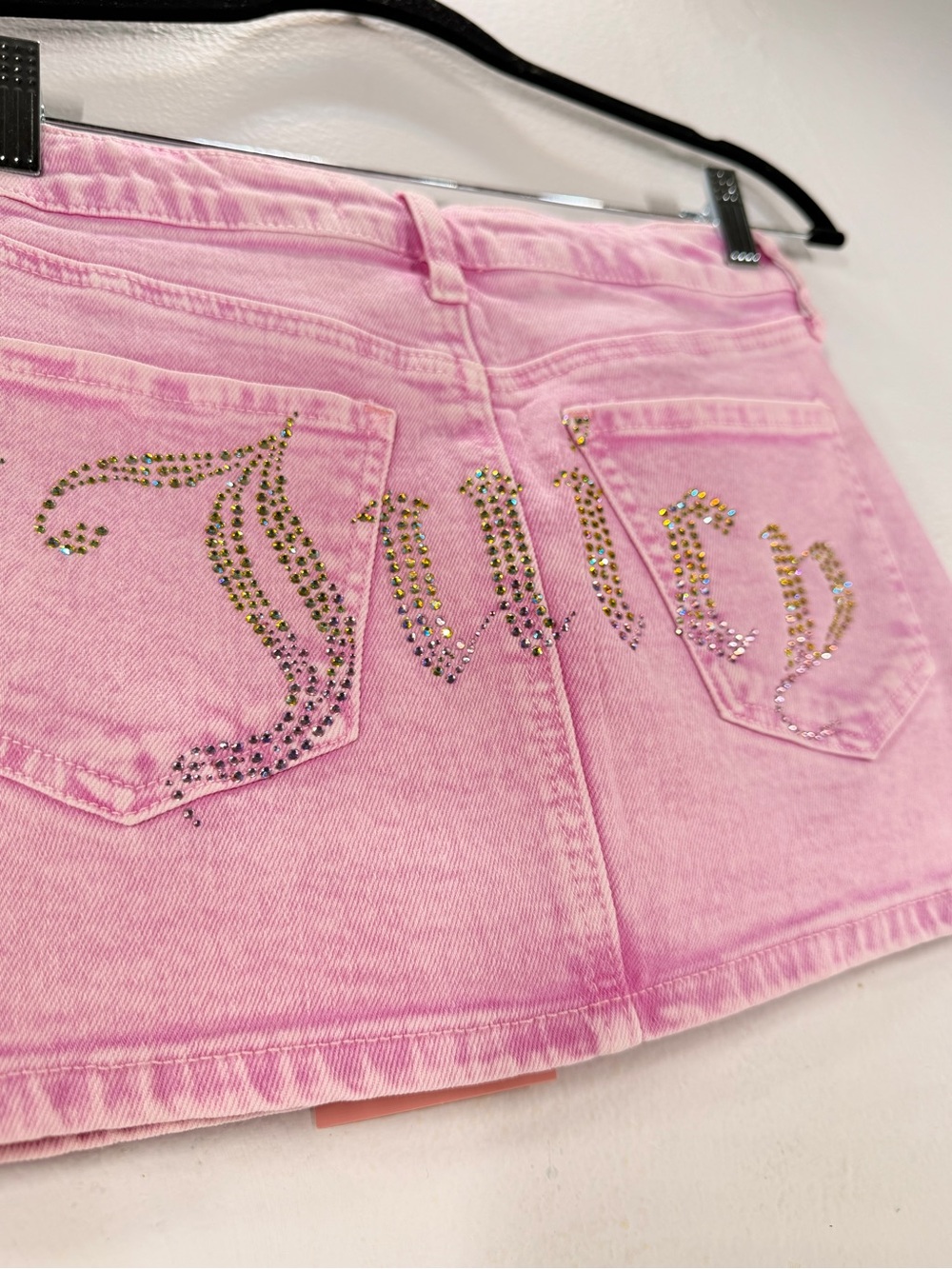 Juicy Couture Y2K Pink Rhinestone Denim Micro Mini Skirt McBling